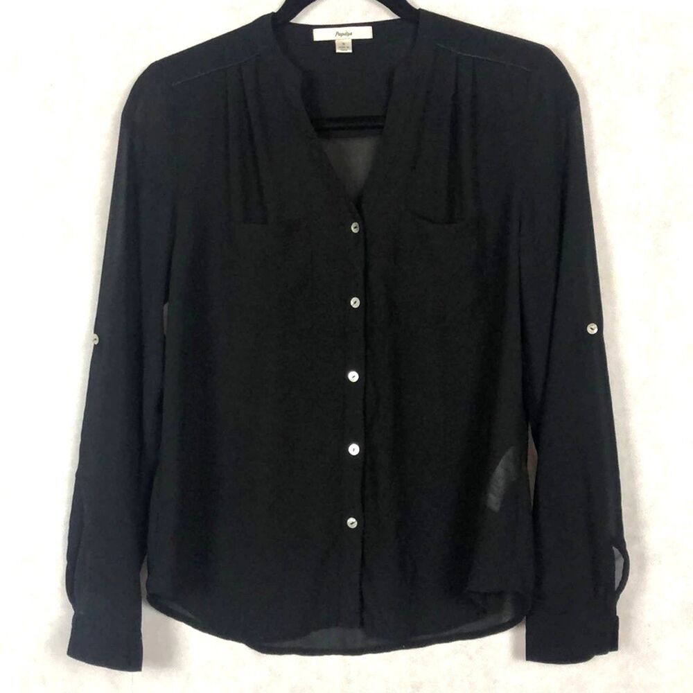 Black Blouse Button Front v-neck Size S